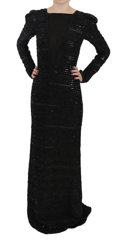 Black Silk Sheath Maxi Dress with Sequins Cozy Open-Back Maxi Dress