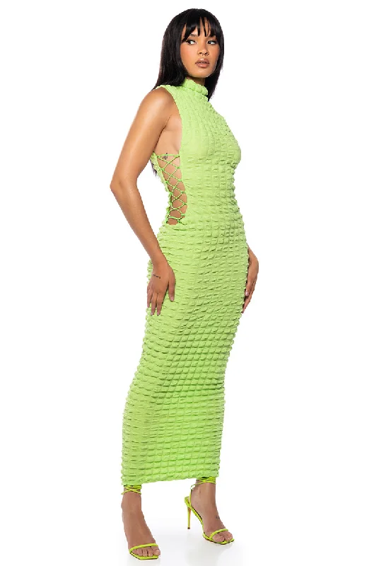 BUSY GAL SLEEVELESS MOCK NECK MAXI DRESS Trendy Satin Maxi Dress