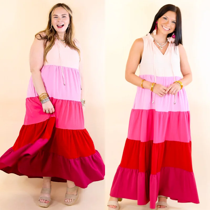 Calm Waters High Neck Tiered Maxi Dress in Pink Mix Fashionable Chiffon Tiered Maxi Dress Calm Waters High Neck Tiered Maxi Dress in Pink Mix Fashionable Chiffon Tiered Maxi Dress