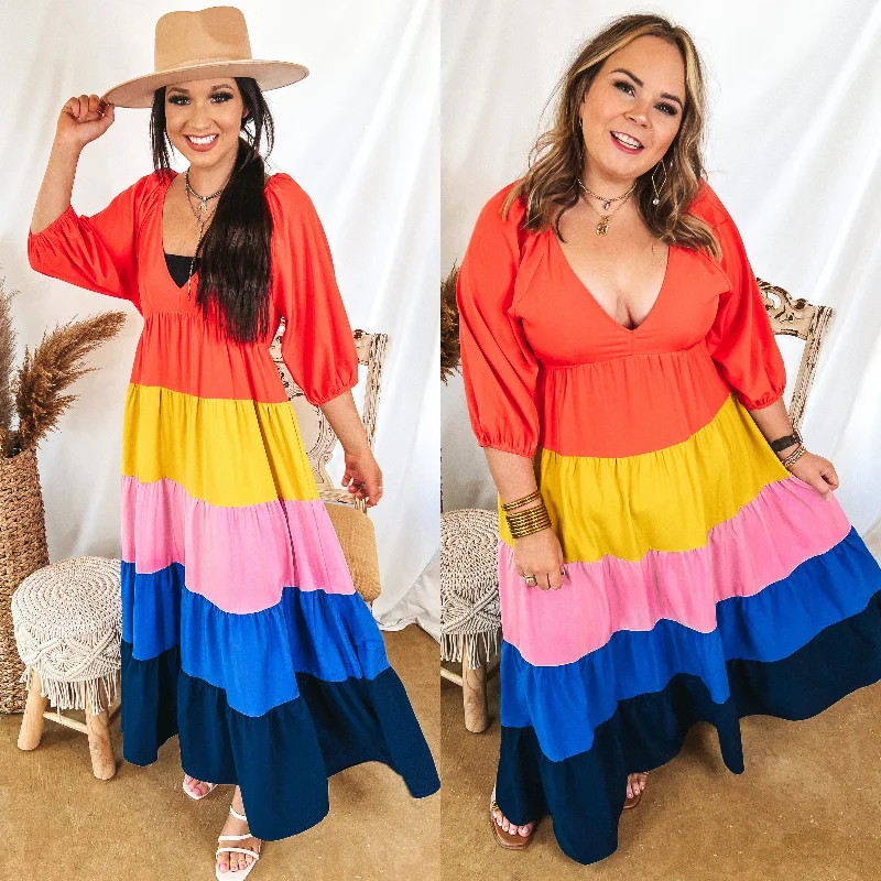 Coral Reef V Neck Striped Maxi Dress in Coral Orange Mix Trendy Floral Print Maxi Dress