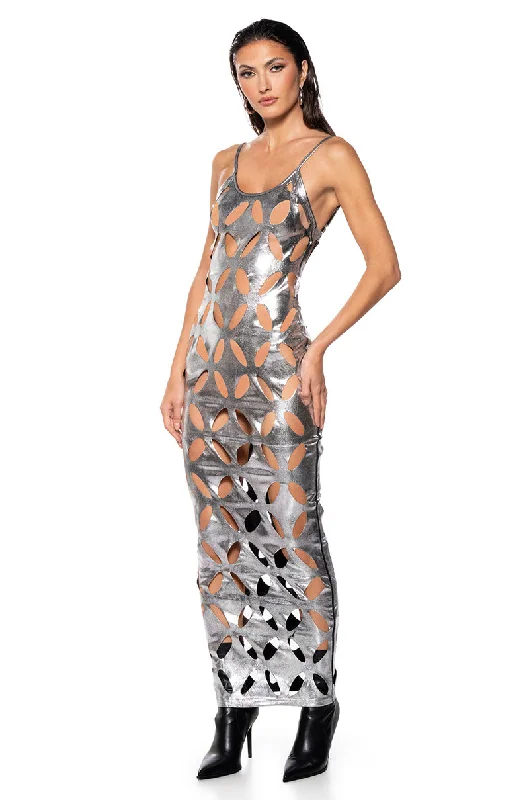 CUT IT OUT METALLIC MAXI DRESS Cozy Cold-Shoulder Maxi Dress