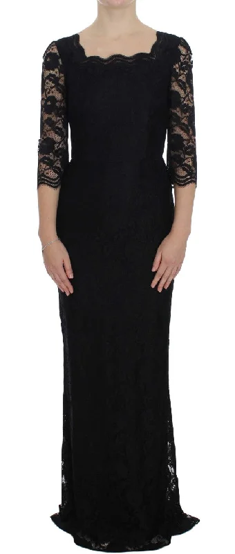 Elegant Black Floral Lace Maxi Dress Comfortable Fit-and-Flare Maxi Dress