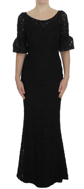 Elegant Black Floral Lace Maxi Dress Fashionable Open-Back Maxi Dress