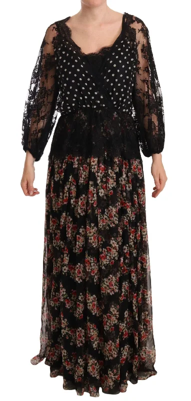 Elegant Lace Floral Maxi Dress with Polka Dots Stylish Maxi Dress with Pleats