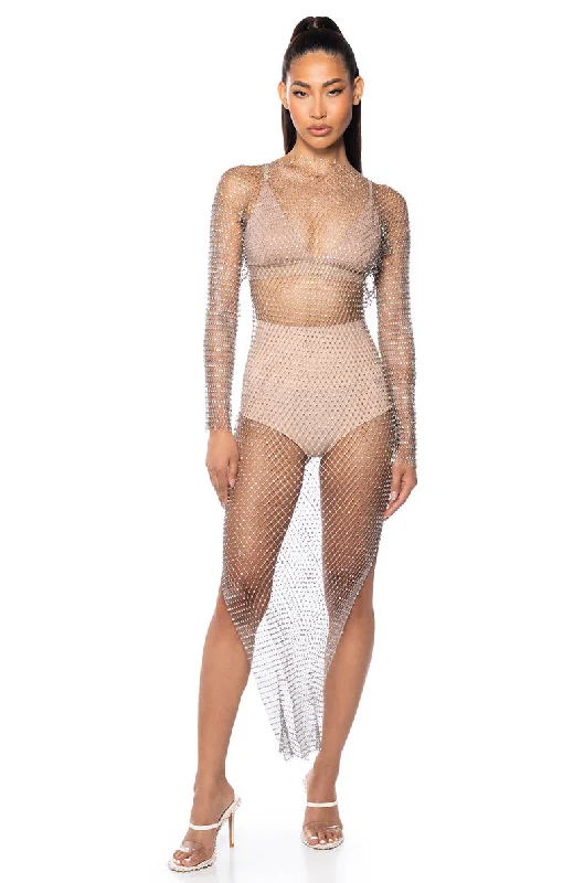 ELENA RHINESTONE SHEER MAXI DRESS Chic Button-Up Maxi Dress