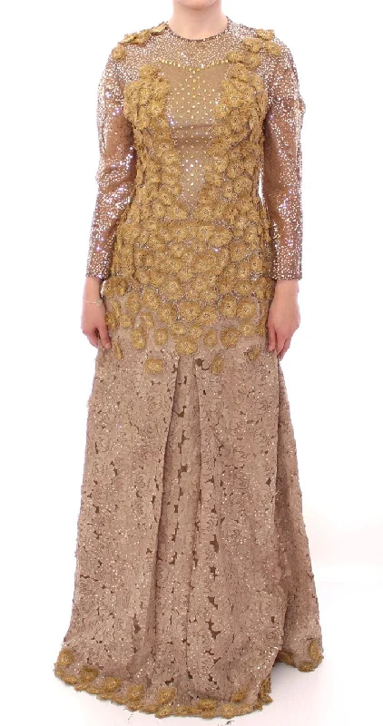 Exquisite Gold Lace Maxi Dress with Crystals Cozy Knit Maxi Dress