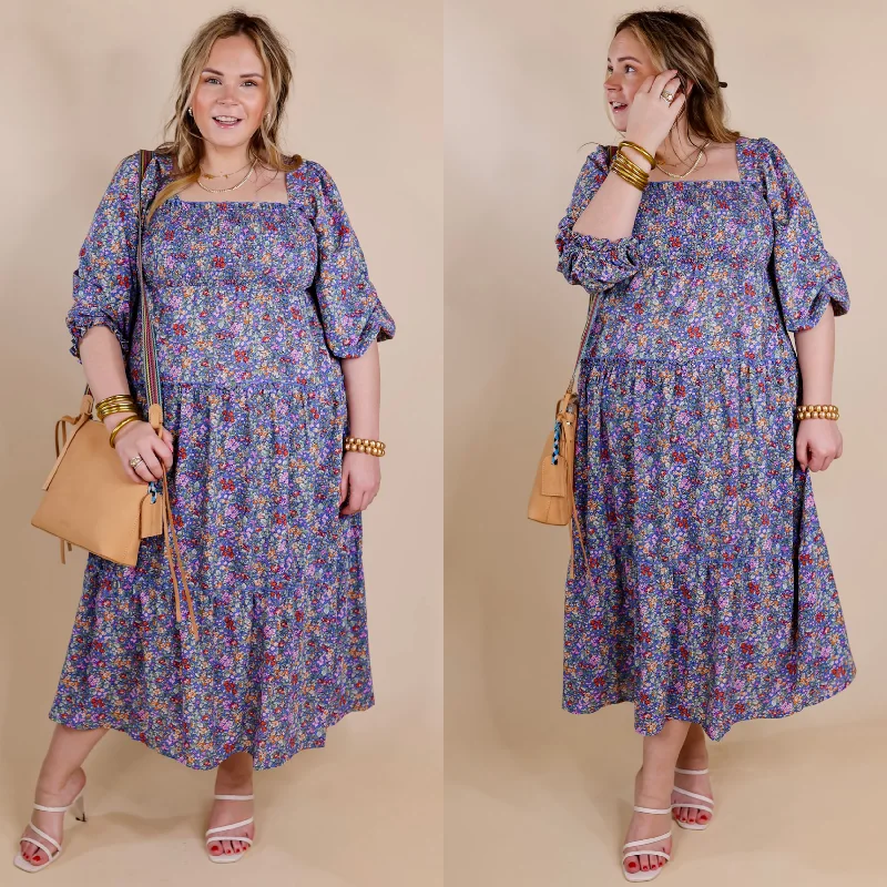 Last Chance Size Medium | Spring Blooms Smocked Floral Maxi Dress in Blue Trendy Satin Maxi Dress Last Chance Size Medium | Spring Blooms Smocked Floral Maxi Dress in Blue Trendy Satin Maxi Dress