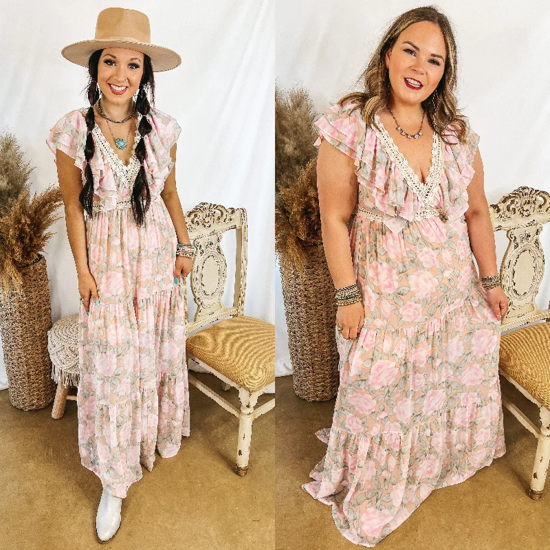 Sunlight Hours Watercolor Floral Maxi Dress with Crochet Detailing in Peach Pink Trendy Maxi Dress with Belt Sunlight Hours Watercolor Floral Maxi Dress with Crochet Detailing in Peach Pink Trendy Maxi Dress with Belt