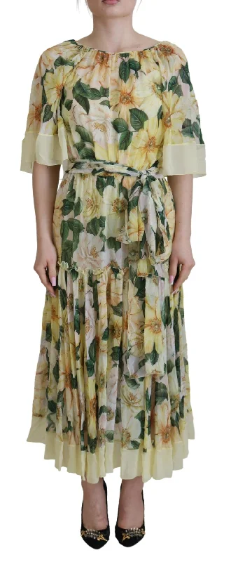 Floral Silk Pleated Maxi Dress Trendy Ruffled Maxi Dress