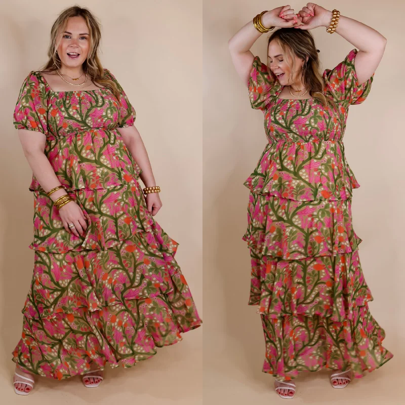Fun Feeling Floral Tiered Maxi Dress with Smocked Balloon Sleeves in Green Mix Trendy Maxi Dress with Bow Fun Feeling Floral Tiered Maxi Dress with Smocked Balloon Sleeves in Green Mix Trendy Maxi Dress with Bow