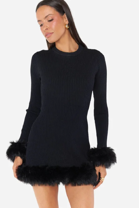 Show Me Your Mumu Fran Mini Dress in Black Knit with Faux Fur Casual High-Waist Mini Dress Show Me Your Mumu Fran Mini Dress in Black Knit with Faux Fur Casual High-Waist Mini Dress