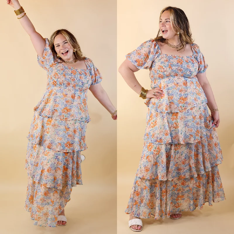 Fun Feeling Floral Tiered Maxi Dress with Smocked Balloon Sleeves in Orange Mix Fashionable Button-Down Maxi Dress Fun Feeling Floral Tiered Maxi Dress with Smocked Balloon Sleeves in Orange Mix Fashionable Button-Down Maxi Dress