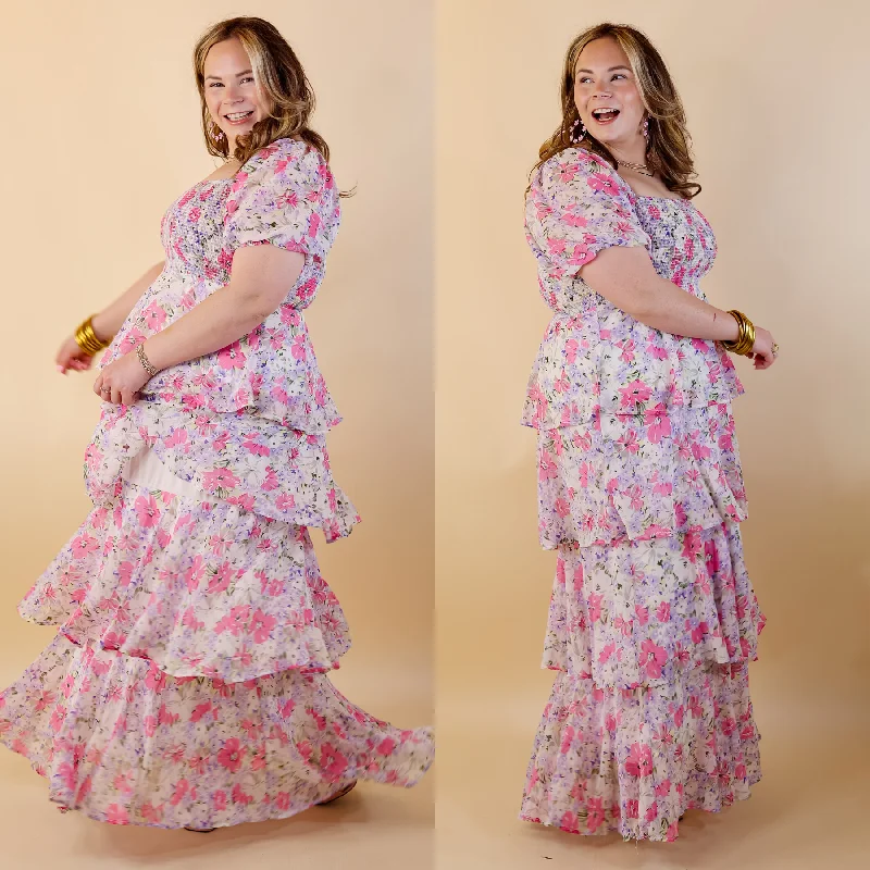 Fun Feeling Floral Tiered Maxi Dress with Smocked Balloon Sleeves in Pink Mix Elegant Silk Maxi Dress Fun Feeling Floral Tiered Maxi Dress with Smocked Balloon Sleeves in Pink Mix Elegant Silk Maxi Dress