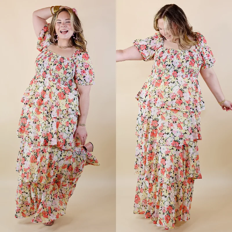 Fun Feeling Floral Tiered Maxi Dress with Smocked Balloon Sleeves in Yellow Mix Classic Black Maxi Dress Fun Feeling Floral Tiered Maxi Dress with Smocked Balloon Sleeves in Yellow Mix Classic Black Maxi Dress