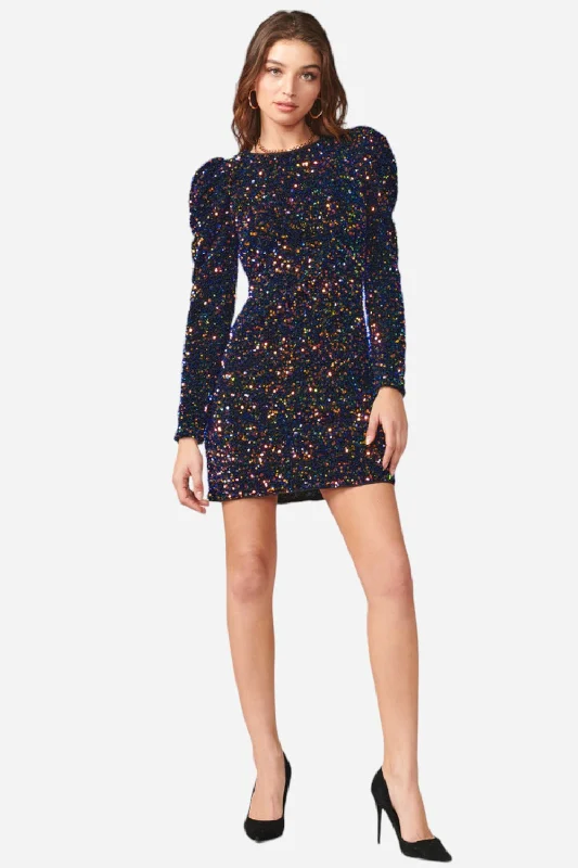 Adelyn Rae Gale Velvet Sequins Puff Sleeve Mini Dress in Midnight Elegant Satin Lace Mini Dress Adelyn Rae Gale Velvet Sequins Puff Sleeve Mini Dress in Midnight Elegant Satin Lace Mini Dress