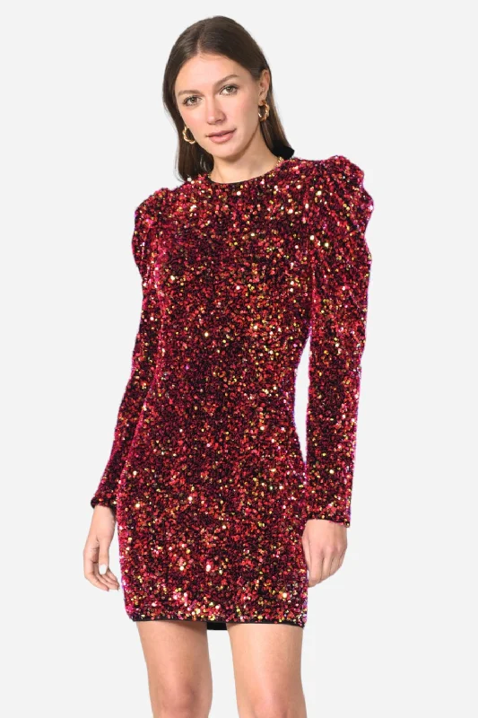 Adelyn Rae Gale Velvet Sequins Puff Sleeve Mini Dress in Raspberry Punch Trendy Button-Detail Mini Dress Adelyn Rae Gale Velvet Sequins Puff Sleeve Mini Dress in Raspberry Punch Trendy Button-Detail Mini Dress