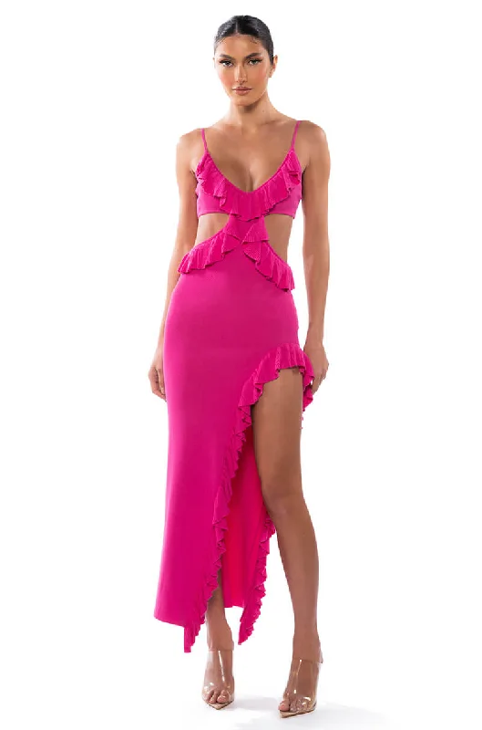 HAPPY SPIRITS RUFFLE KNIT MAXI DRESS Elegant Wraparound Maxi Dress