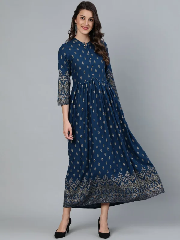 Women's Teal Blue Printed Maxi Dress With Three Quarter Sleeves - Nayo Clothing Elegant Maxi Dress with Ruffles Women's Teal Blue Printed Maxi Dress With Three Quarter Sleeves - Nayo Clothing Elegant Maxi Dress with Ruffles