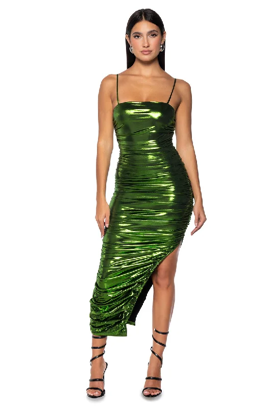 IRIS METALLIC RUCHED MAXI DRESS Stylish One-Shoulder Maxi Dress