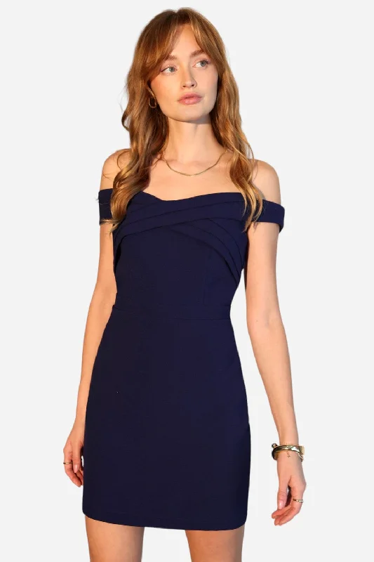 Adelyn Rae Isla Off Shoulder Crepe Mini Dress in Navy Chic Tropical Mini Dress