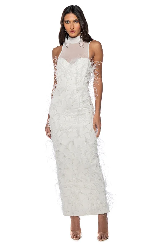 JAZZY FEATHER MAXI DRESS Stylish Off-Shoulder Maxi Dress