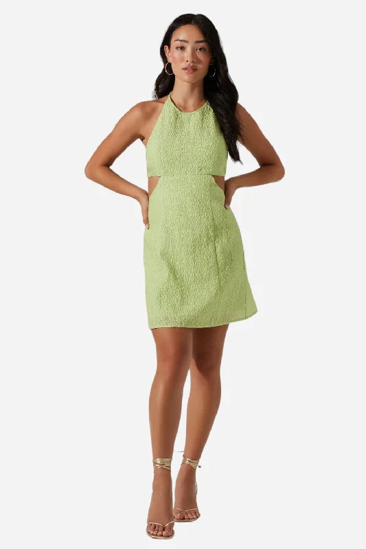 ASTR The Label Laylin Halter Cutout Mini Dress in Light Green Trendy Denim Mini Dress ASTR The Label Laylin Halter Cutout Mini Dress in Light Green Trendy Denim Mini Dress