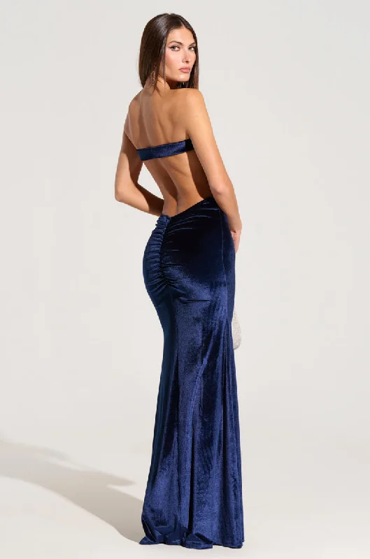 LOST YOUR CHANCE NAVY VELVET MAXI DRESS Trendy Off-Shoulder Ruffle Maxi Dress