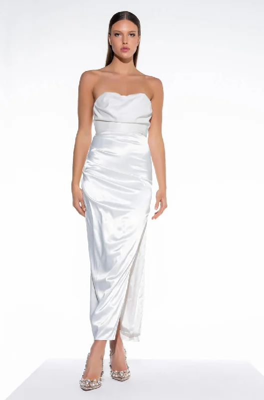 LUXE VEGAN LEATHER AND SATIN MAXI DRESS Chic Off-Shoulder Maxi Dress