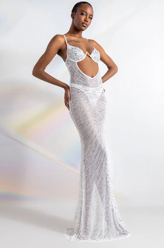LUXX IS ALL I KNOW RHINESTONE MESH MAXI DRESS Stylish Button-Up Maxi Dress