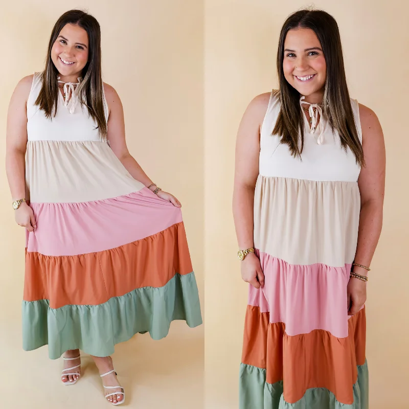 Calm Waters High Neck Tiered Maxi Dress in Cream Mix Cozy Longline Maxi Dress