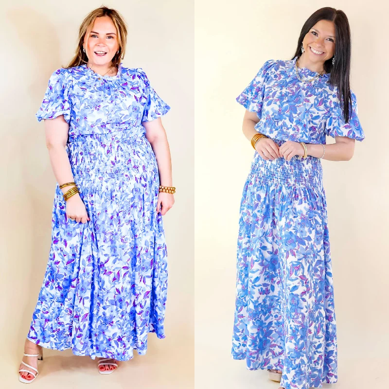 Moonlit Bay Floral High Neck Maxi dress with Smocked Waistline in Blue Elegant Floral Maxi Dress Moonlit Bay Floral High Neck Maxi dress with Smocked Waistline in Blue Elegant Floral Maxi Dress