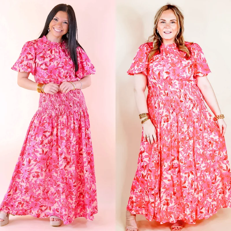 Moonlit Bay Floral High Neck Maxi dress with Smocked Waistline in Pink Cozy Maxi Dress with Slit