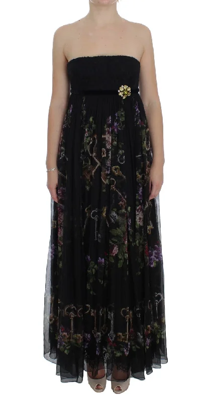 Multicolor Rose & Key Print Maxi Dress with Crystal Fashionable Off-Shoulder Maxi Dress