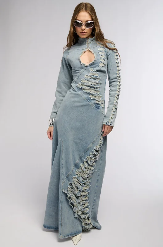 ON THE EDGE DISTRESSED DENIM MAXI DRESS Chic Summer Floral Maxi Dress