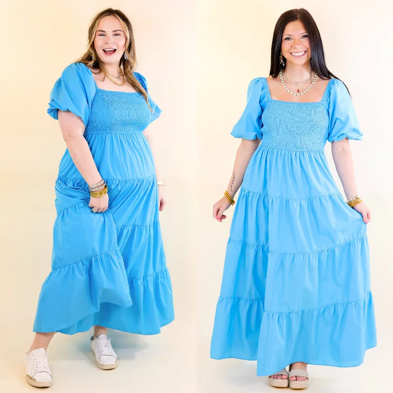 Santorini Sunshine Short Balloon Sleeve Maxi Dress in Blue Trendy Fit-and-Flare Maxi Dress Santorini Sunshine Short Balloon Sleeve Maxi Dress in Blue Trendy Fit-and-Flare Maxi Dress