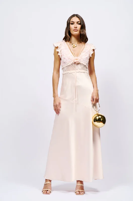 SAVING MYSELF FLOWER APPLIQUE LACE DETAIL SATIN MAXI DRESS Stylish V-Neck Maxi Dress SAVING MYSELF FLOWER APPLIQUE LACE DETAIL SATIN MAXI DRESS Stylish V-Neck Maxi Dress