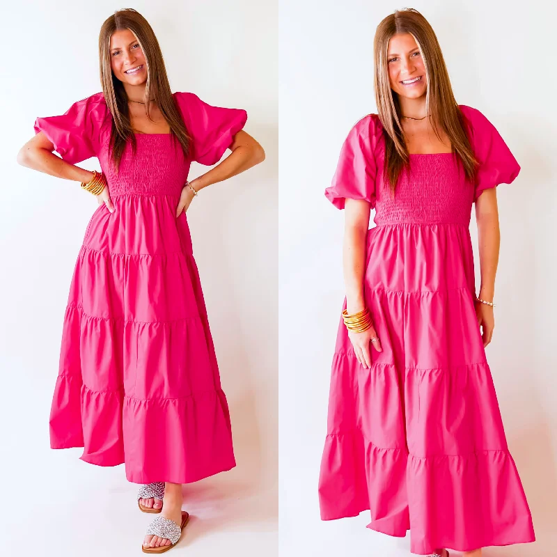Santorini Sunshine Short Balloon Sleeve Maxi Dress in Fuschia Pink Elegant Maxi Dress with Pockets Santorini Sunshine Short Balloon Sleeve Maxi Dress in Fuschia Pink Elegant Maxi Dress with Pockets
