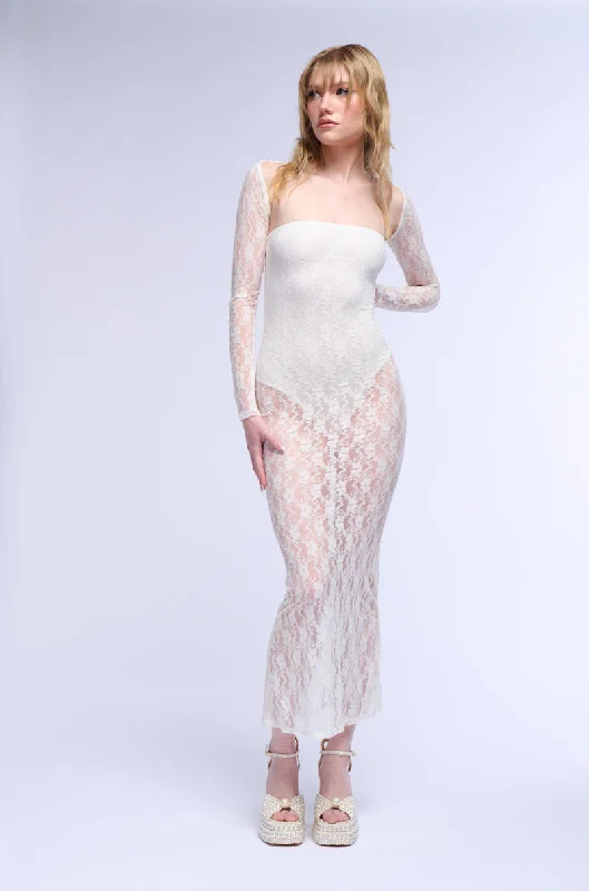 SIANNE STRAPLESS FLORAL LACE MAXI DRESS Fashionable Chiffon Tiered Maxi Dress