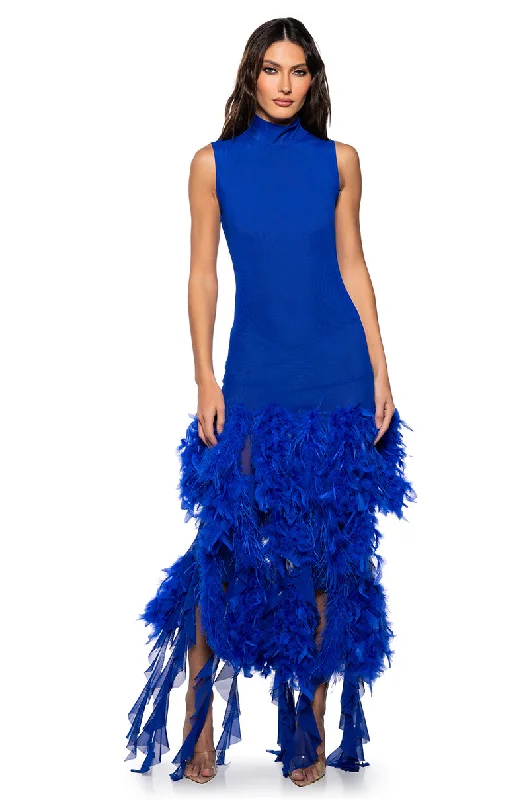 SLEEK AND CHIC FEATHER MAXI DRESS Elegant Maxi Dress with Drapes