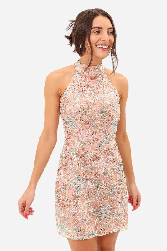 Adelyn Rae Soraia Sequin Halter Mini Dress Comfortable One-Shoulder Mini Dress