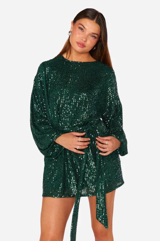 Show Me Your Mumu Sure Thing Mini Dress in Emerald Sequins Chic Bohemian Mini Dress