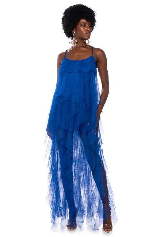 TOP TIER RUFFLE MAXI DRESS ROYAL BLUE Trendy Fit-and-Flare Maxi Dress
