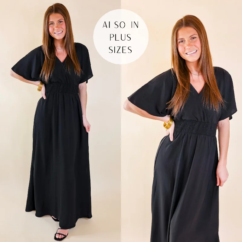 Last Chance Size Small & Medium | Wildly In Love V Neck Maxi Dress with Smocked Waist in Black Fashionable Faux Wrap Maxi Dress Last Chance Size Small & Medium | Wildly In Love V Neck Maxi Dress with Smocked Waist in Black Fashionable Faux Wrap Maxi Dress