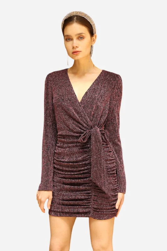 Adelyn Rae Vanessa Metallic Wrap Mini Dress in Dark Pink Cozy Wraparound Mini Dress
