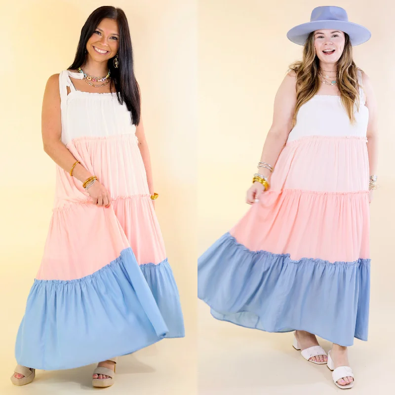 Weekend in Capri Tiered Maxi Dress with Adjustable Tie Straps in Baby Blue Mix Stylish V-Neck Maxi Dress Weekend in Capri Tiered Maxi Dress with Adjustable Tie Straps in Baby Blue Mix Stylish V-Neck Maxi Dress