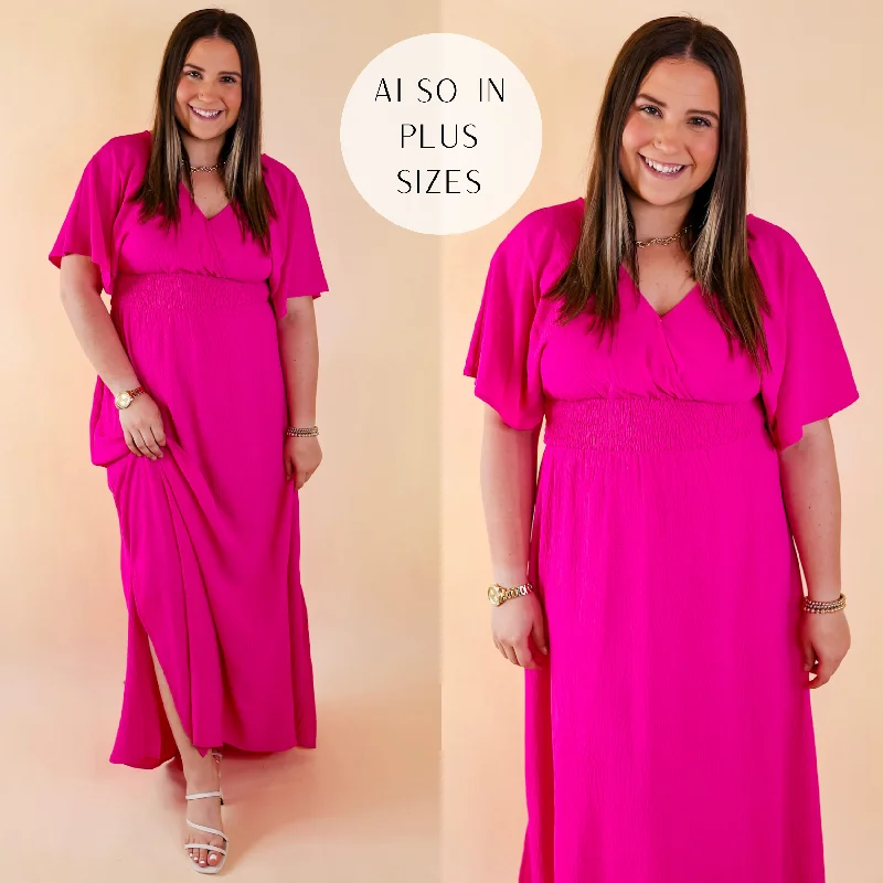 Last Chance Size Small | Wildly In Love V Neck Maxi Dress with Smocked Waist in Fuchsia Pink Stylish Boho Maxi Dress Last Chance Size Small | Wildly In Love V Neck Maxi Dress with Smocked Waist in Fuchsia Pink Stylish Boho Maxi Dress