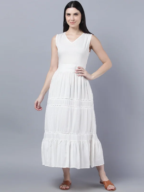 Women's White Solid Maxi Dress - Myshka Trendy Off-Shoulder Ruffle Maxi Dress