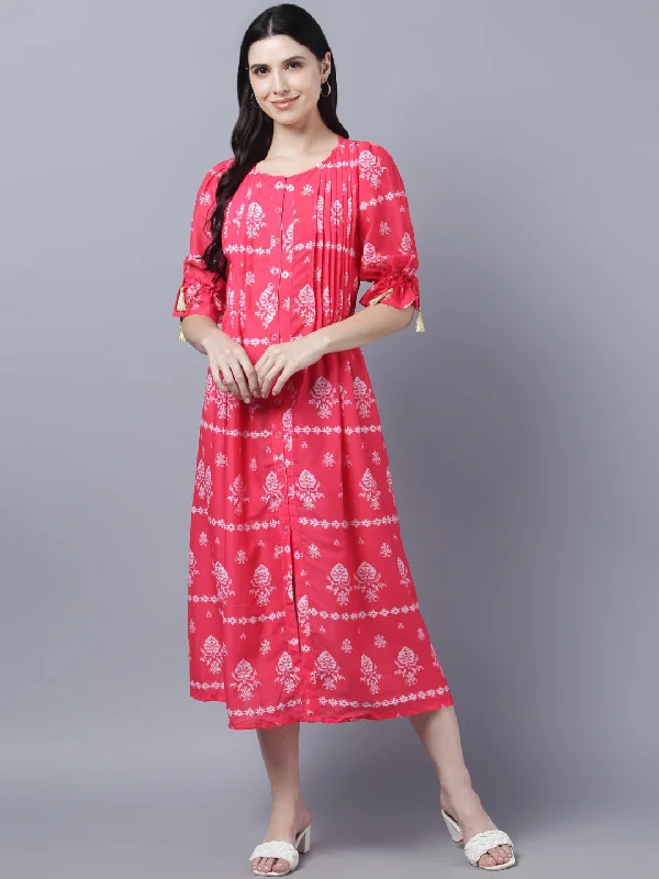 Women's Pink  White Ethnic Motifs Printed Maxi Dress - Myshka Elegant Pleated Maxi Dress