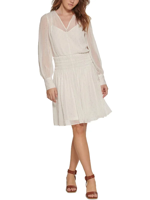 Womens Sheer Metallic Mini Dress Elegant Lace-Up Mini Dress