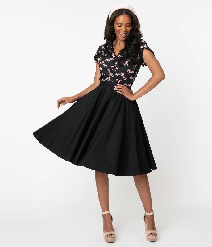 Magnolia Place 1950s Style Black High Waist Swing Skirt patchwork skirt art